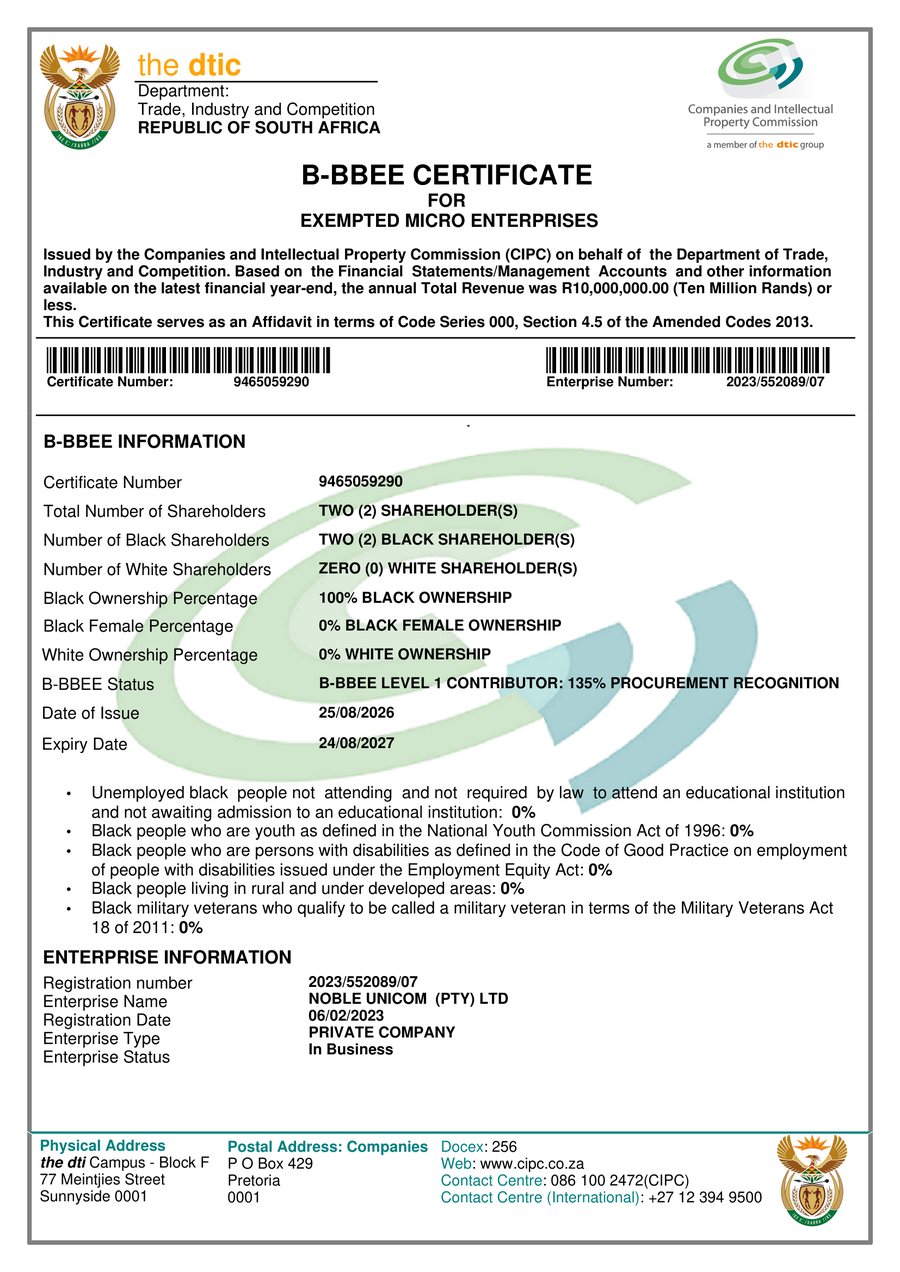 B-BBEE Certificate for Exempted Micro Enterprises issued by CIPC to Noble Unicom (Pty) Ltd, Level 1 Contributor, certificate number 9465059290