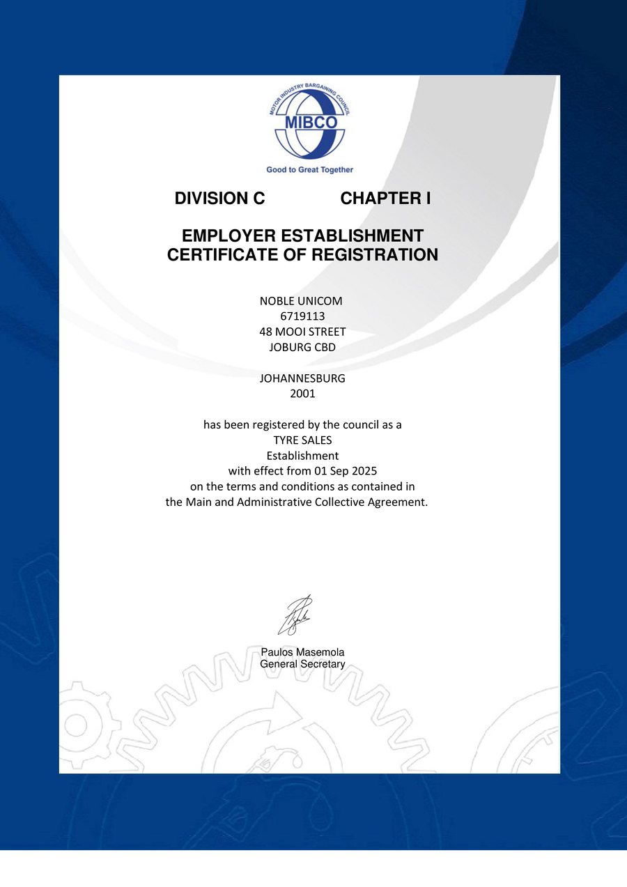 MIBCO Employer Establishment Certificate of Registration for Noble Unicom, registration number 6719113, Tyre Sales establishment