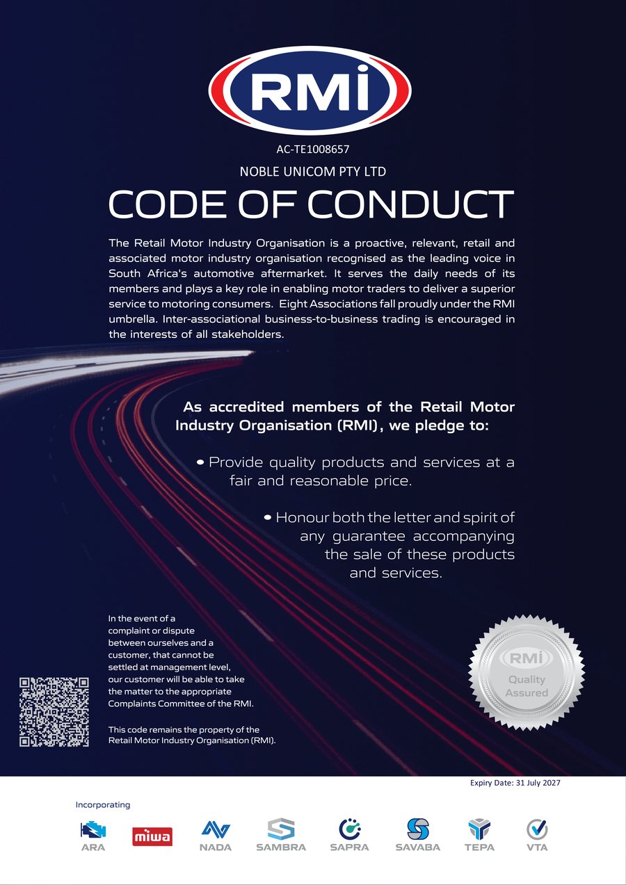 RMI Code of Conduct certificate for Noble Unicom Pty Ltd, membership number AC-TE1008657, expiry date 31 July 2027