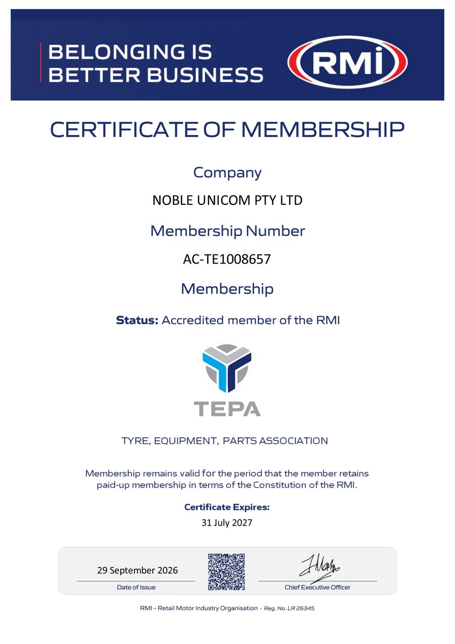 RMI Certificate of Membership for Noble Unicom Pty Ltd, membership number AC-TE1008657, accredited TEPA member, expires 31 July 2027
